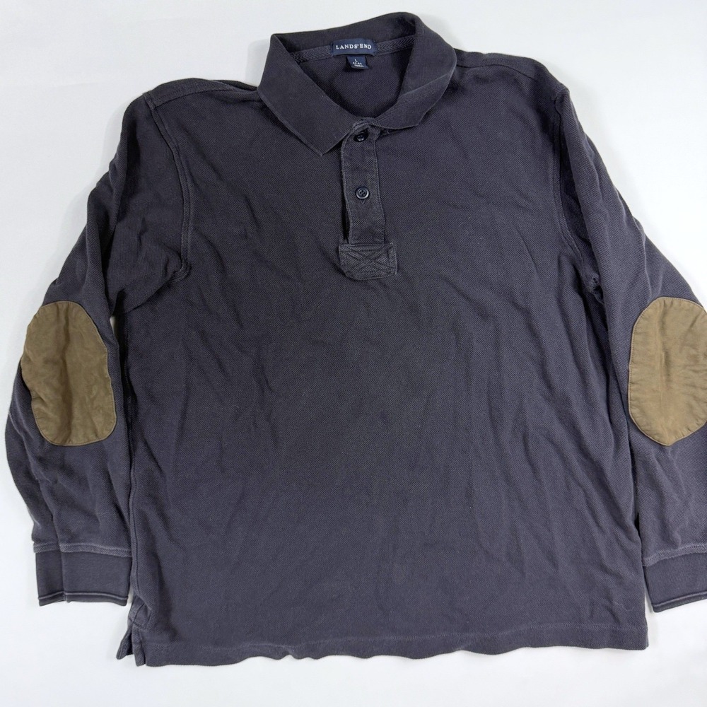 VTG Lands End Mens L Navy Blue Black Long Sleeve Wool Polo Shirt Elbow Patches